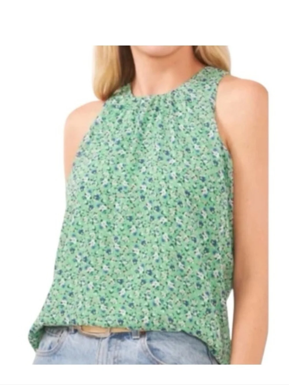 Vince Camuto Womens Classic Escape Blouse Ditsy Floral Feminine Green Blue Sz M - Picture 1 of 12